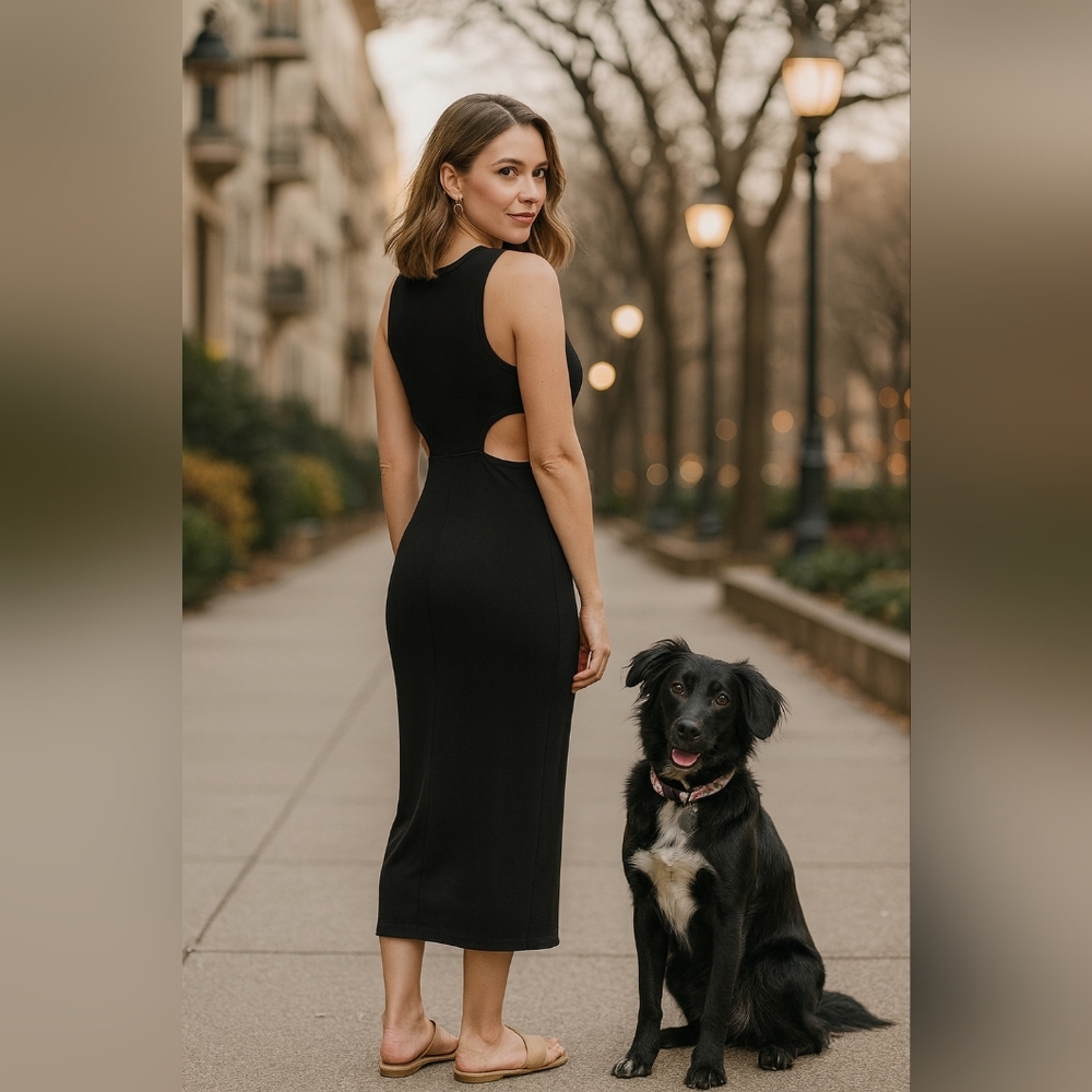 Large Express Black Cutout Back Midi Dress Stretchy Casual Or Business Casual
